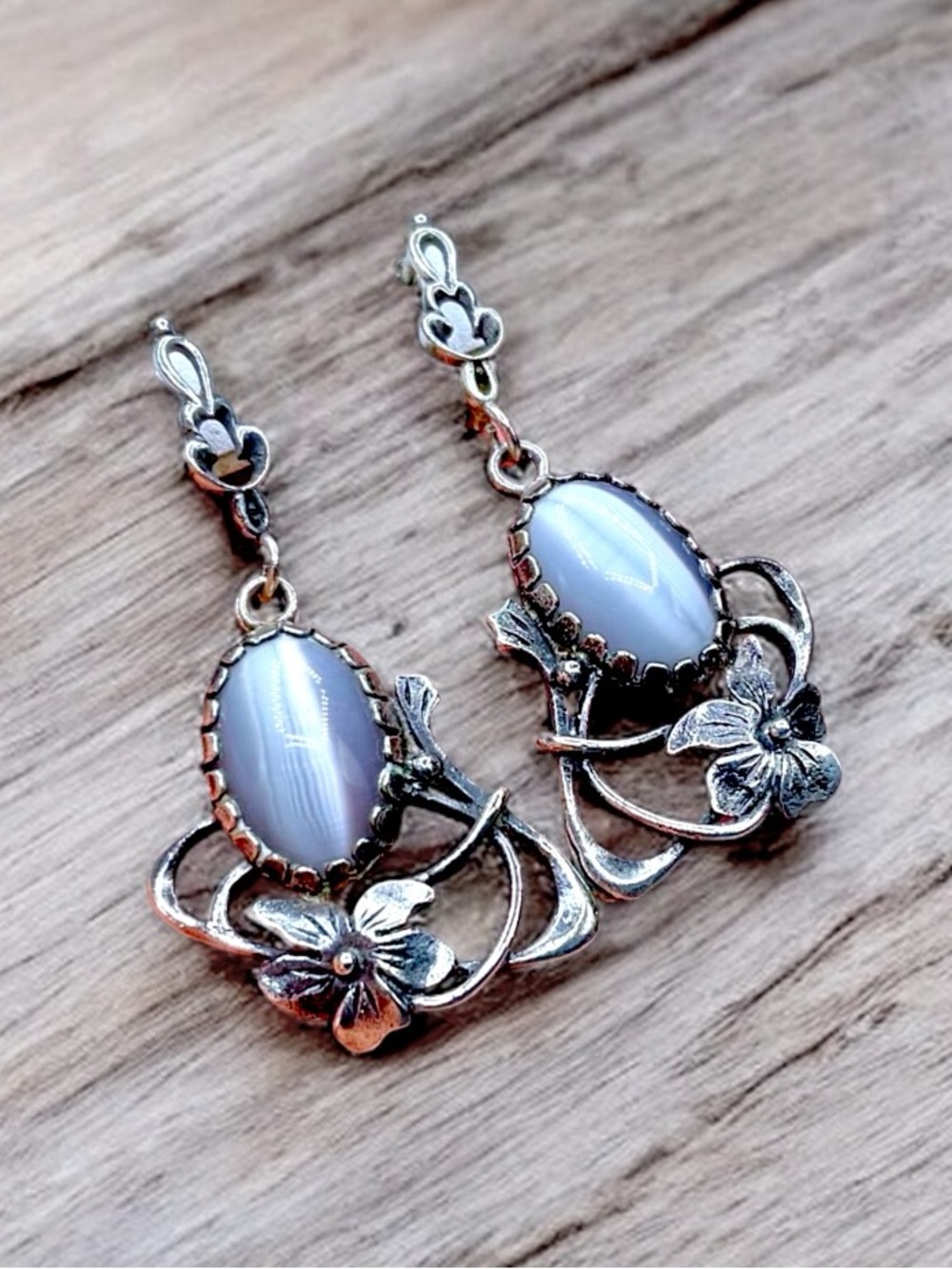 🌺Vintage Czech Sterling & Blue Glass Earrings